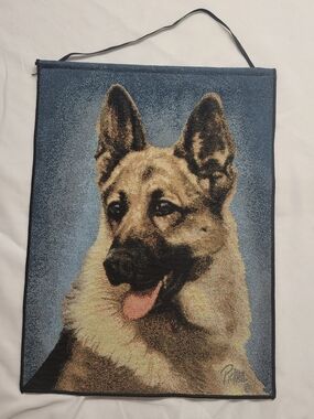 Vintage Linda Picken German Shepherd Woven Tapestry Wall Hanging Dog 13" x 18